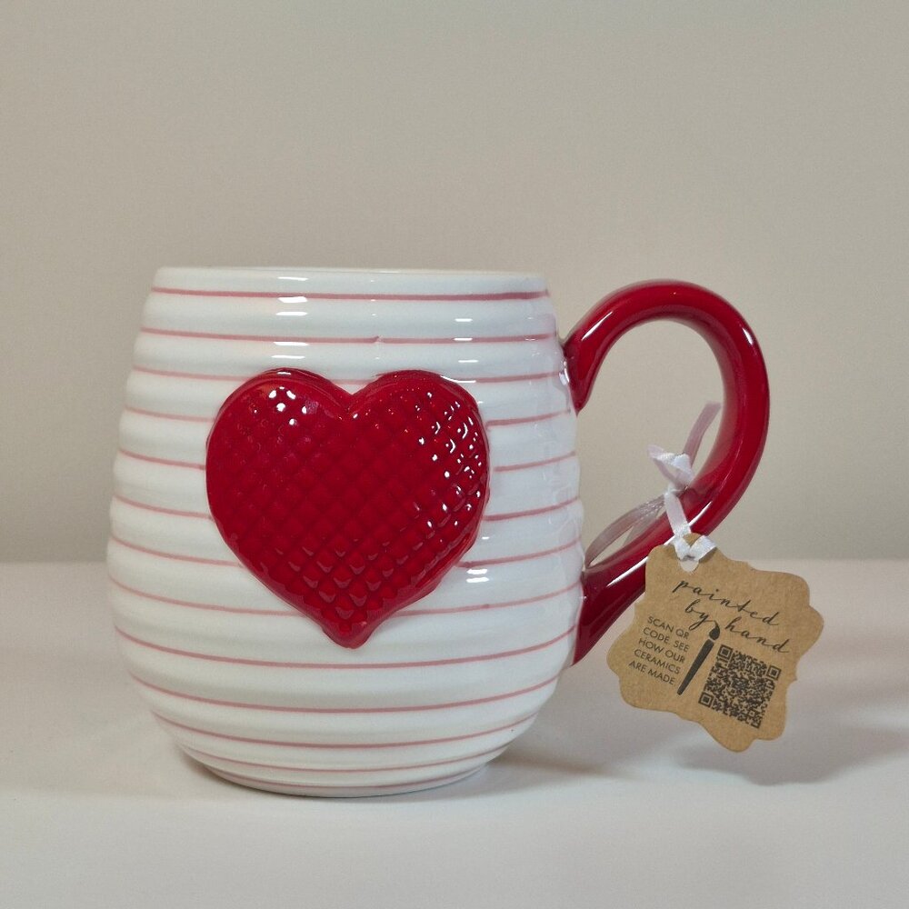 Valentine's Day LANG Handpainted Ceramic Coffee Tea Mug with Red Heart & Stripes